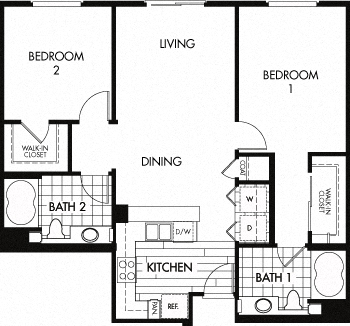 Floor plan for 2 beds, 2 baths, 1086 sqft